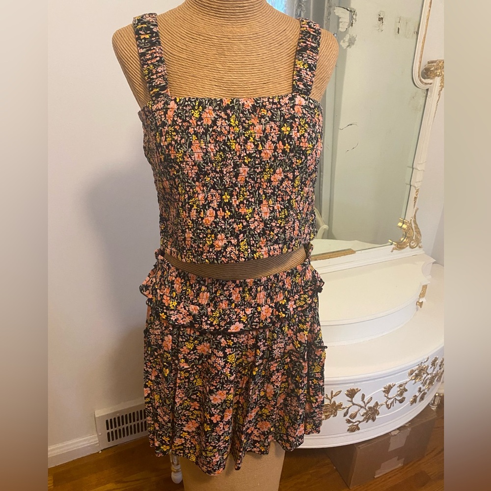 American Eagle Outfitters Floral Skater Skirt and matching top- Black and Pink